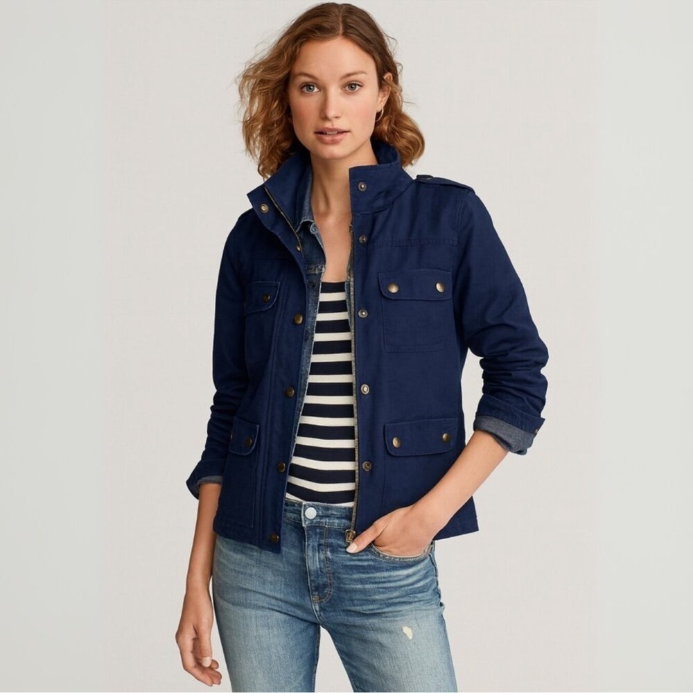 J. CREW 19034 BLUE DOWNTOWN FIELD WAXED 100% COTTON PLACKET UTILITY JACKET
